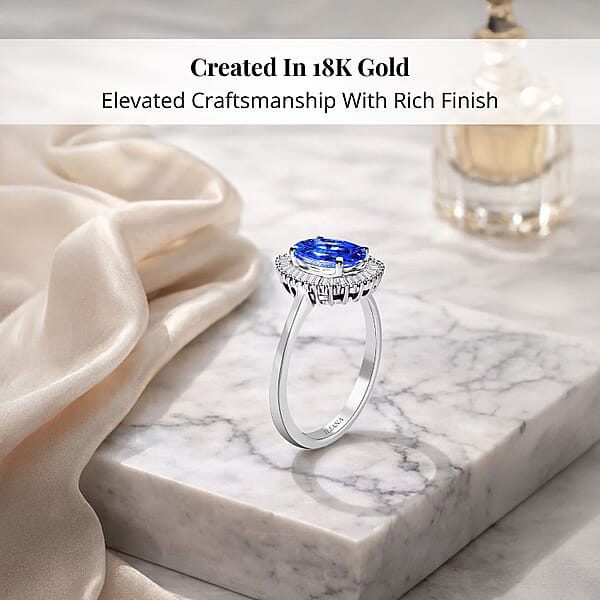Iliana AAA Royal Ceylon Sapphire And G-H SI Diamond 1.75 Ctw Halo Ring In 18K White Gold