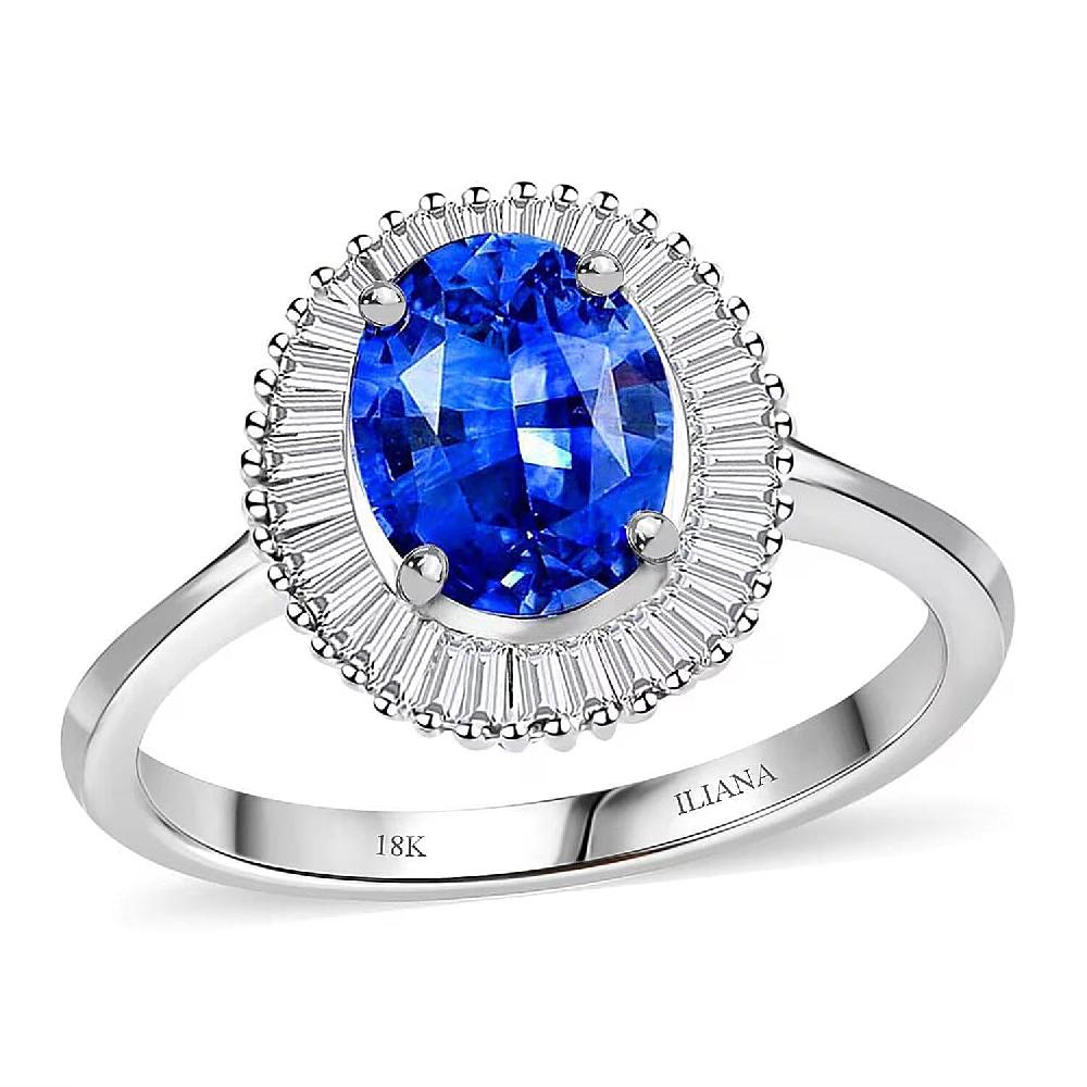 Iliana AAA Royal Ceylon Sapphire and G-H SI Diamond 1.75 ctw Halo Ring in 18K White Gold
