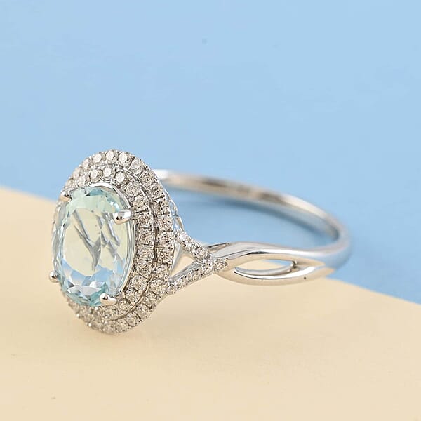 Iliana AAA Santa Maria Aquamarine And G-H SI Diamond 2.20 Ctw Double Halo Ring In 18K White Gold