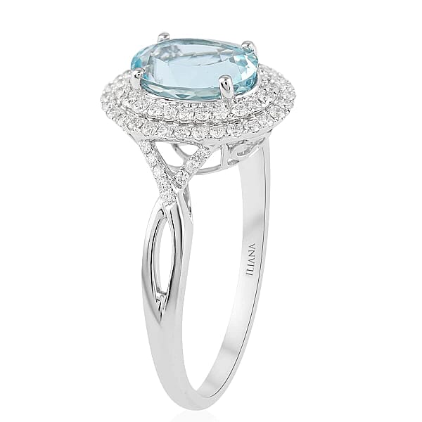 Iliana AAA Santa Maria Aquamarine And G-H SI Diamond 2.20 Ctw Double Halo Ring In 18K White Gold