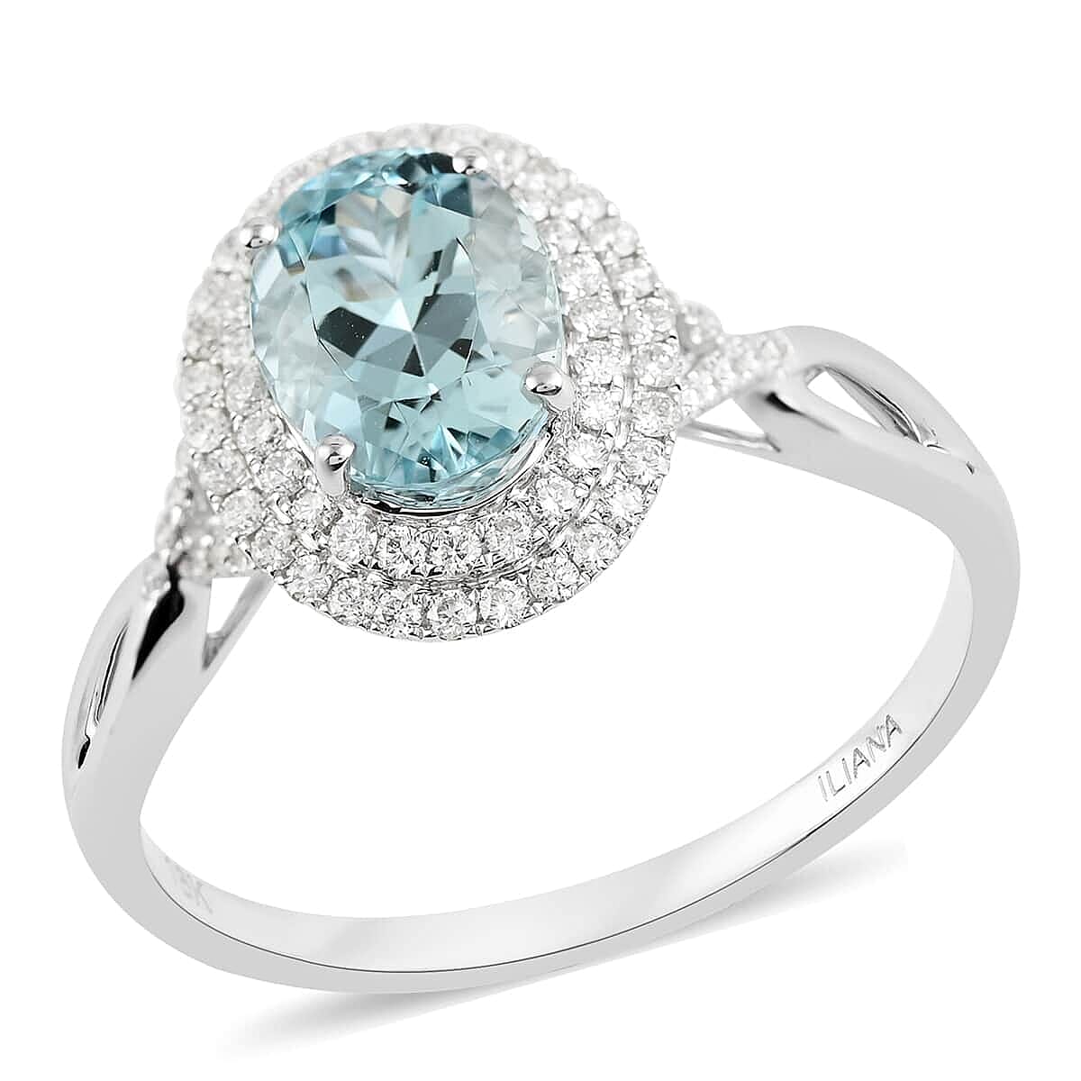 Iliana AAA Santa Maria Aquamarine and G-H SI Diamond 2.20 ctw Double Halo Ring in 18K White Gold