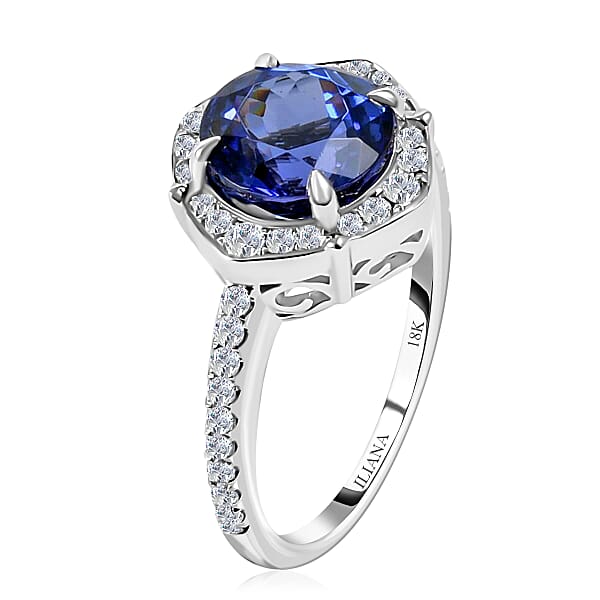 Iliana AAA Tanzanite And G-H SI Diamond 4.15 Ctw Halo Ring In 18K White Gold 5.34 Grams