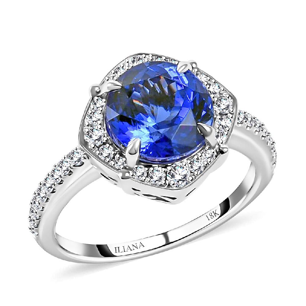 Iliana AAA Tanzanite and G-H SI Diamond 4.15 ctw Halo Ring in 18K White Gold 5.34 Grams