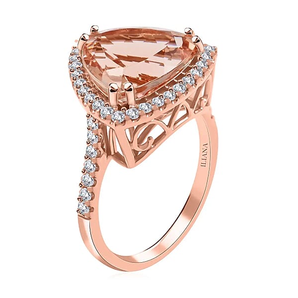 Iliana Certified And Appraised AAA Marropino Morganite Ring G-H SI Diamond Accent Ring Morganite Halo Ring 18K Rose Gold Ring Wedding Ring 4.85 Grams 5.75 Ctw