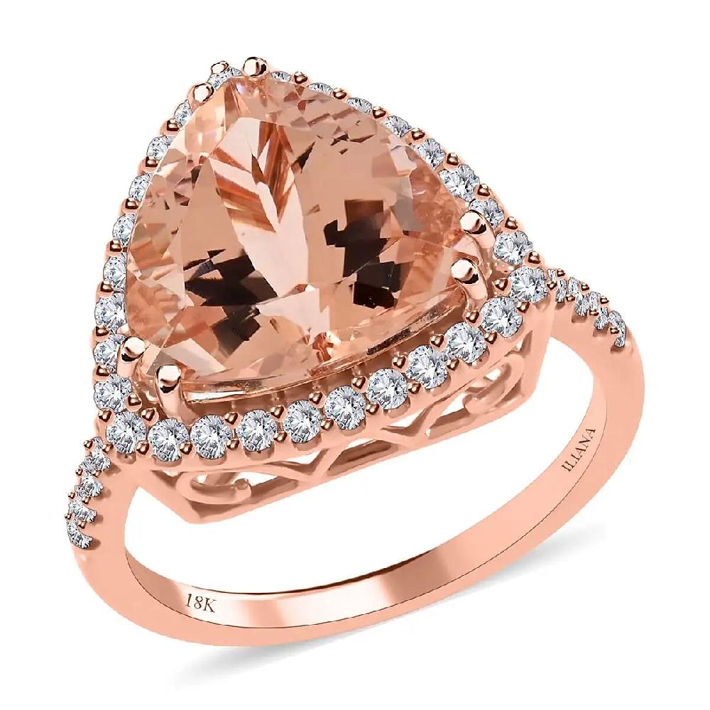 Iliana Certified and Appraised AAA Marropino Morganite Ring G-H SI Diamond Accent Ring Morganite Halo Ring 18K Rose Gold Ring Wedding Ring 4.85 Grams 5.75 ctw