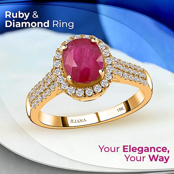 Iliana Certified & Appraised AAA Montepuez Ruby Ring G-H SI Diamond Accent Ring Ruby Halo Ring 18K Yellow Gold Ring Wedding Ring 4.50 Grams 2.05 Ctw (Del. In 10-15 Days)