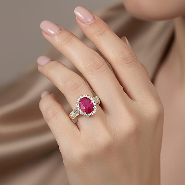 Iliana Certified & Appraised AAA Montepuez Ruby Ring G-H SI Diamond Accent Ring Ruby Halo Ring 18K Yellow Gold Ring Wedding Ring 4.50 Grams 2.05 Ctw (Del. In 10-15 Days)