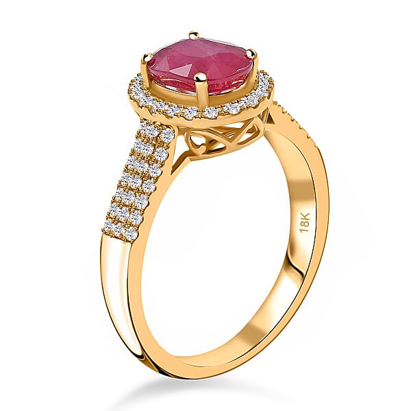 Iliana Certified & Appraised AAA Montepuez Ruby Ring G-H SI Diamond Accent Ring Ruby Halo Ring 18K Yellow Gold Ring Wedding Ring 4.50 Grams 2.05 Ctw (Del. In 10-15 Days)