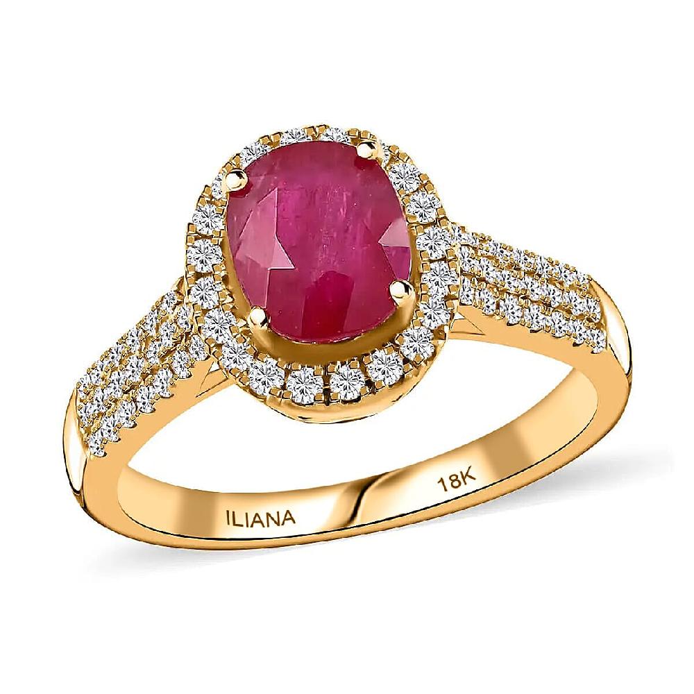 Iliana Certified & Appraised AAA Montepuez Ruby Ring G-H SI Diamond Accent Ring Ruby Halo Ring 18K Yellow Gold Ring Wedding Ring 4.50 Grams 2.05 ctw (Del. in 10-15 Days)