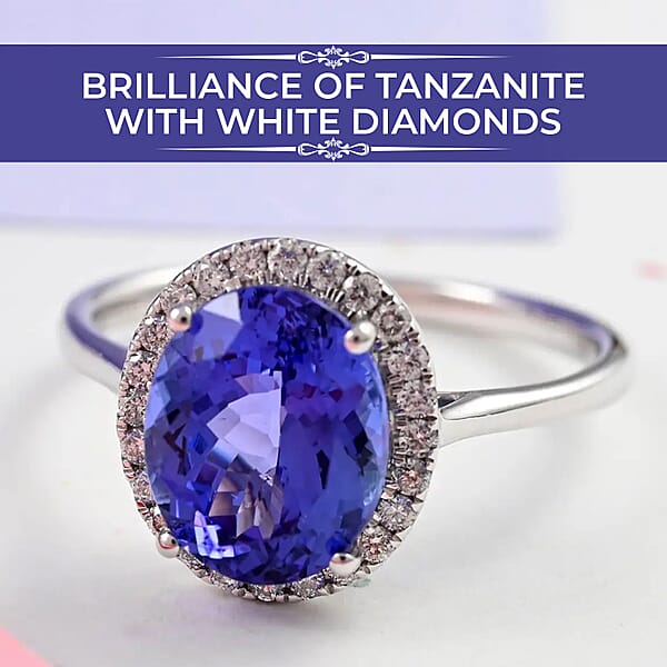 Iliana Certified & Appraised AAA Tanzanite And G-H SI Diamond 3.25 Ctw Accent Ring Tanzanite Halo Ring 18K White Gold Ring Wedding Ring
