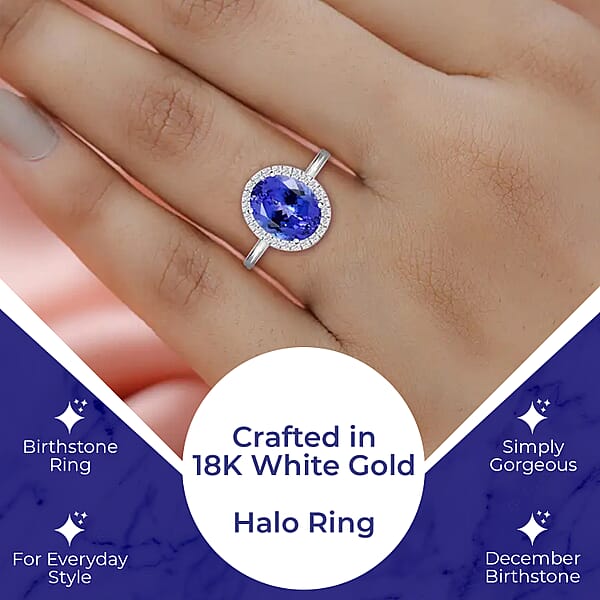 Iliana Certified & Appraised AAA Tanzanite And G-H SI Diamond 3.25 Ctw Accent Ring Tanzanite Halo Ring 18K White Gold Ring Wedding Ring