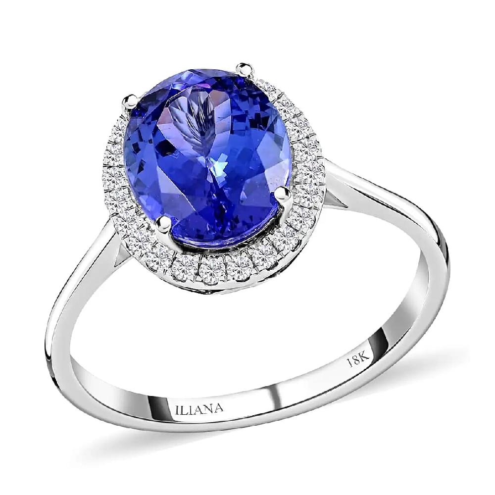 Iliana Certified & Appraised AAA Tanzanite and G-H SI Diamond 3.25 ctw Accent Ring Tanzanite Halo Ring 18K White Gold Ring Wedding Ring