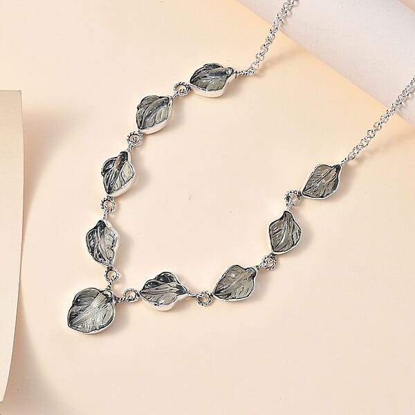 Indian Artistry Aquamarine Carved 21.50 Ctw Leaf Necklace In Sterling Silver 18-20 Inches