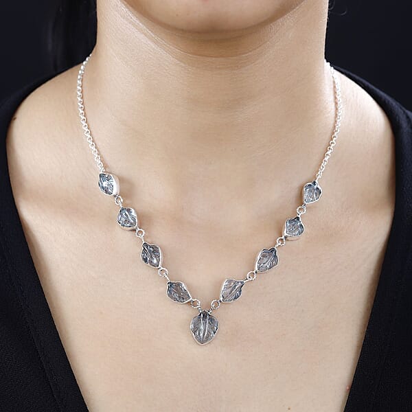 Indian Artistry Aquamarine Carved 21.50 Ctw Leaf Necklace In Sterling Silver 18-20 Inches