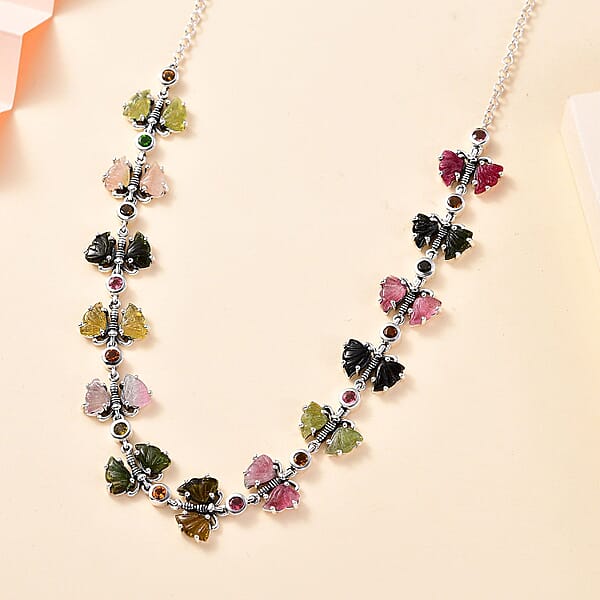 Indian Artistry Multi-Tourmaline Carved 18.75 Ctw Butterfly Necklace In Sterling Silver 18-20 Inches