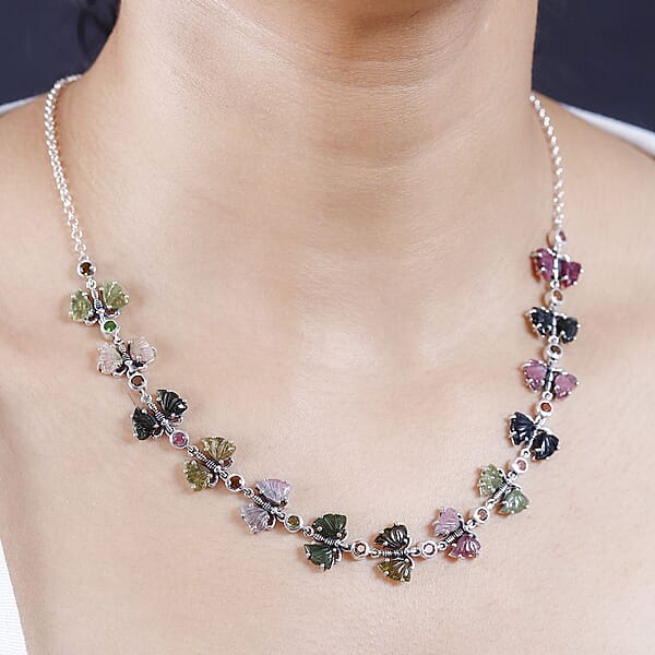Indian Artistry Multi-Tourmaline Carved 18.75 Ctw Butterfly Necklace In Sterling Silver 18-20 Inches