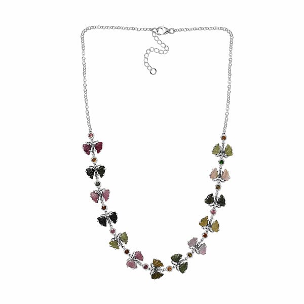 Indian Artistry Multi-Tourmaline Carved 18.75 Ctw Butterfly Necklace In Sterling Silver 18-20 Inches