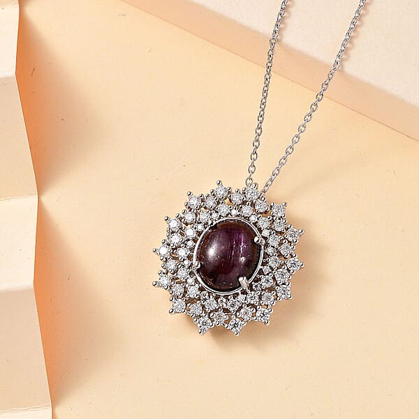 Indian Star Ruby And Moissanite Star Burst Pendant Necklace 20 Inches In Rhodium Over Sterling Silver 8.10 Ctw