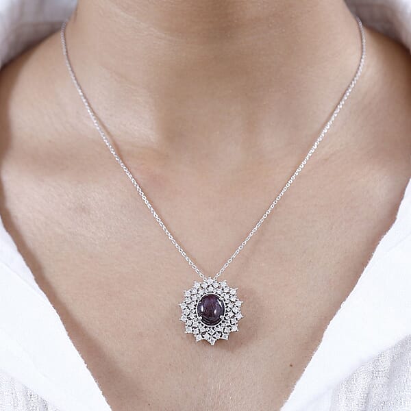 Indian Star Ruby And Moissanite Star Burst Pendant Necklace 20 Inches In Rhodium Over Sterling Silver 8.10 Ctw