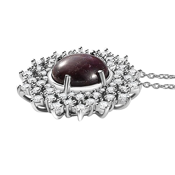 Indian Star Ruby And Moissanite Star Burst Pendant Necklace 20 Inches In Rhodium Over Sterling Silver 8.10 Ctw