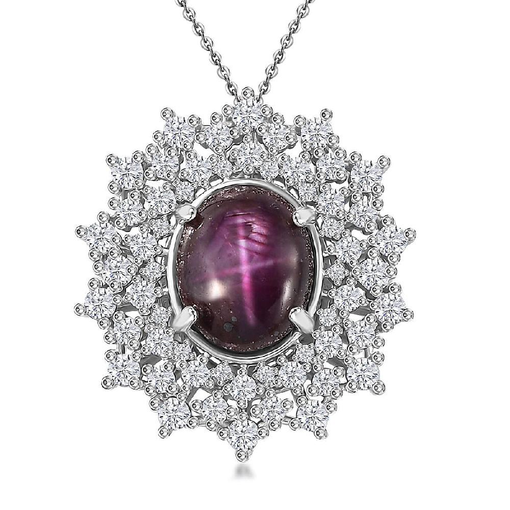 Indian Star Ruby and Moissanite Star Burst Pendant Necklace 20 Inches in Rhodium Over Sterling Silver 8.10 ctw