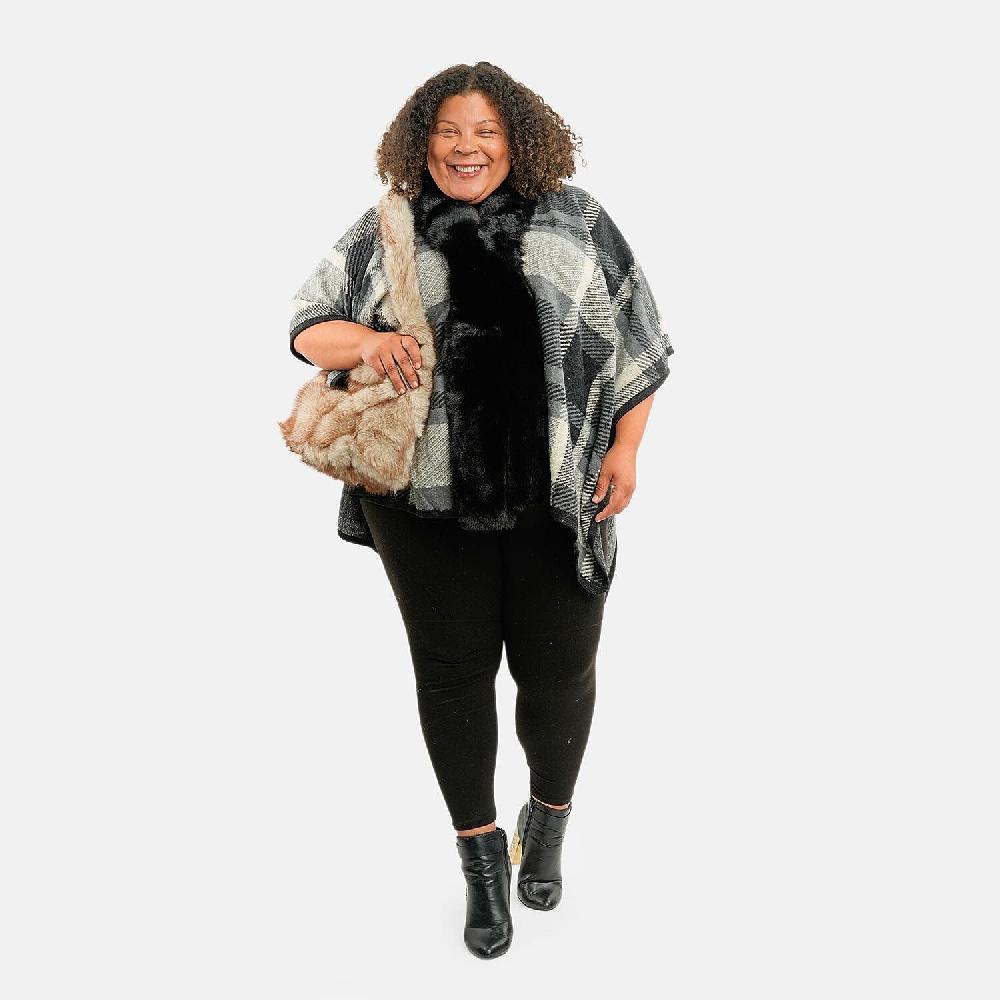 Instyle Black Plaid Ruana and Ivory Purse Set - One Size Fits Most