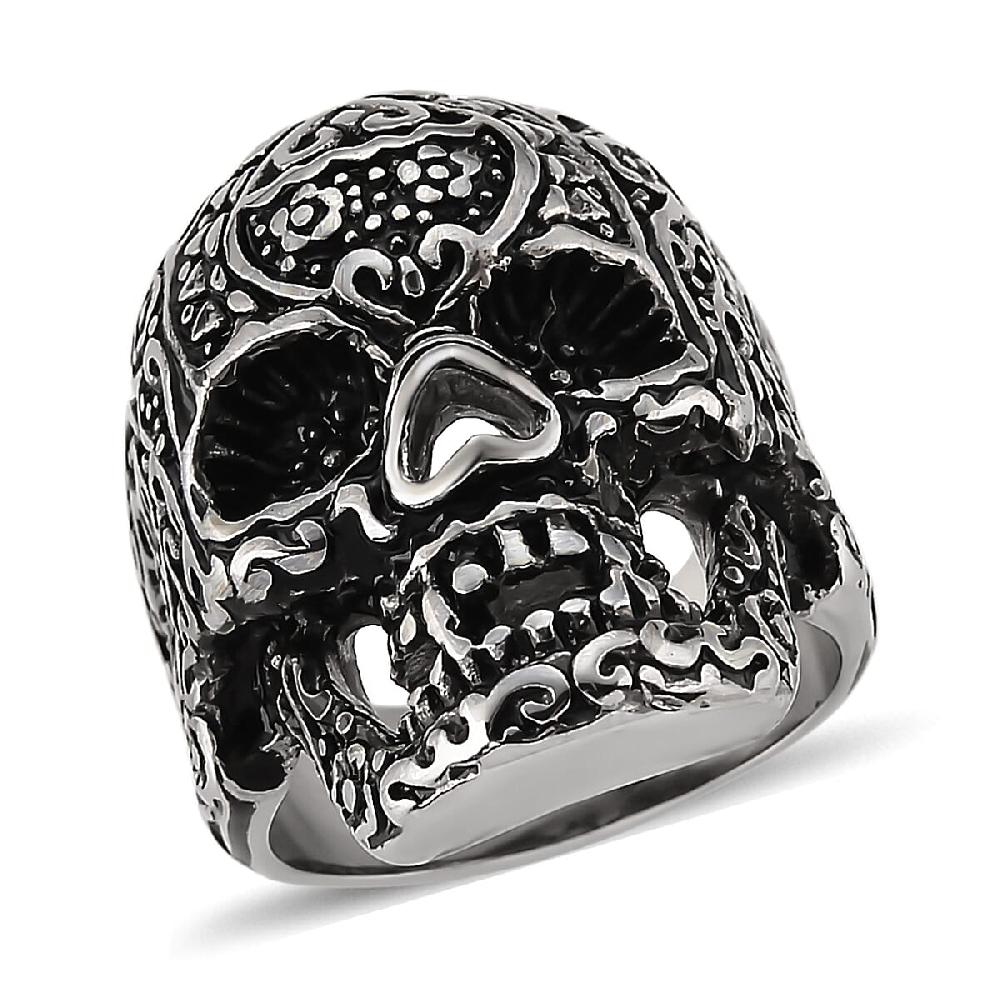 Intricate Skull Ring in Black Oxidized and Stainless Steel