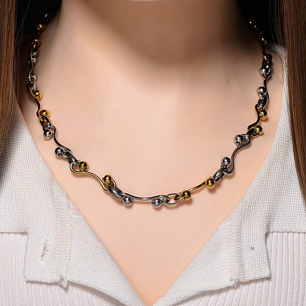 ION Plated YG And Stainless Steel Modern Wave Link Necklace 20-22 Inches
