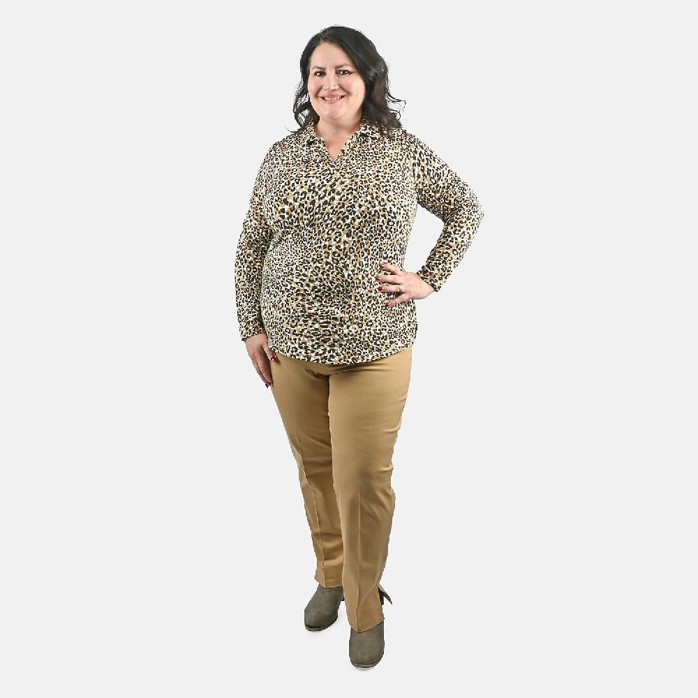 Isaac Mizrahi Natural Leopard Split-Neck Collared Top - 2X