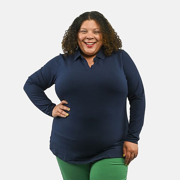 Isaac Mizrahi Navy Split-Neck Collared Top - 2X