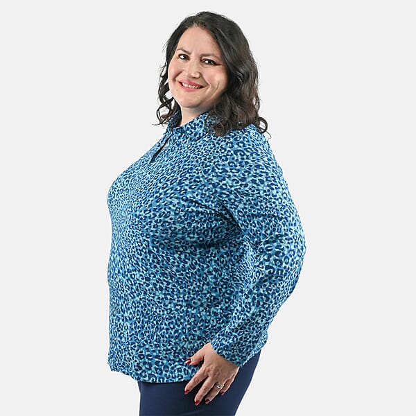 Isaac Mizrahi Teal Leopard Split-Neck Collared Top - 1X