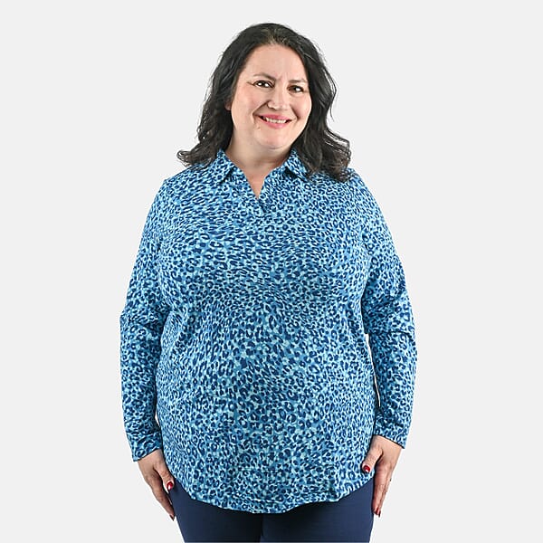 Isaac Mizrahi Teal Leopard Split-Neck Collared Top - 1X