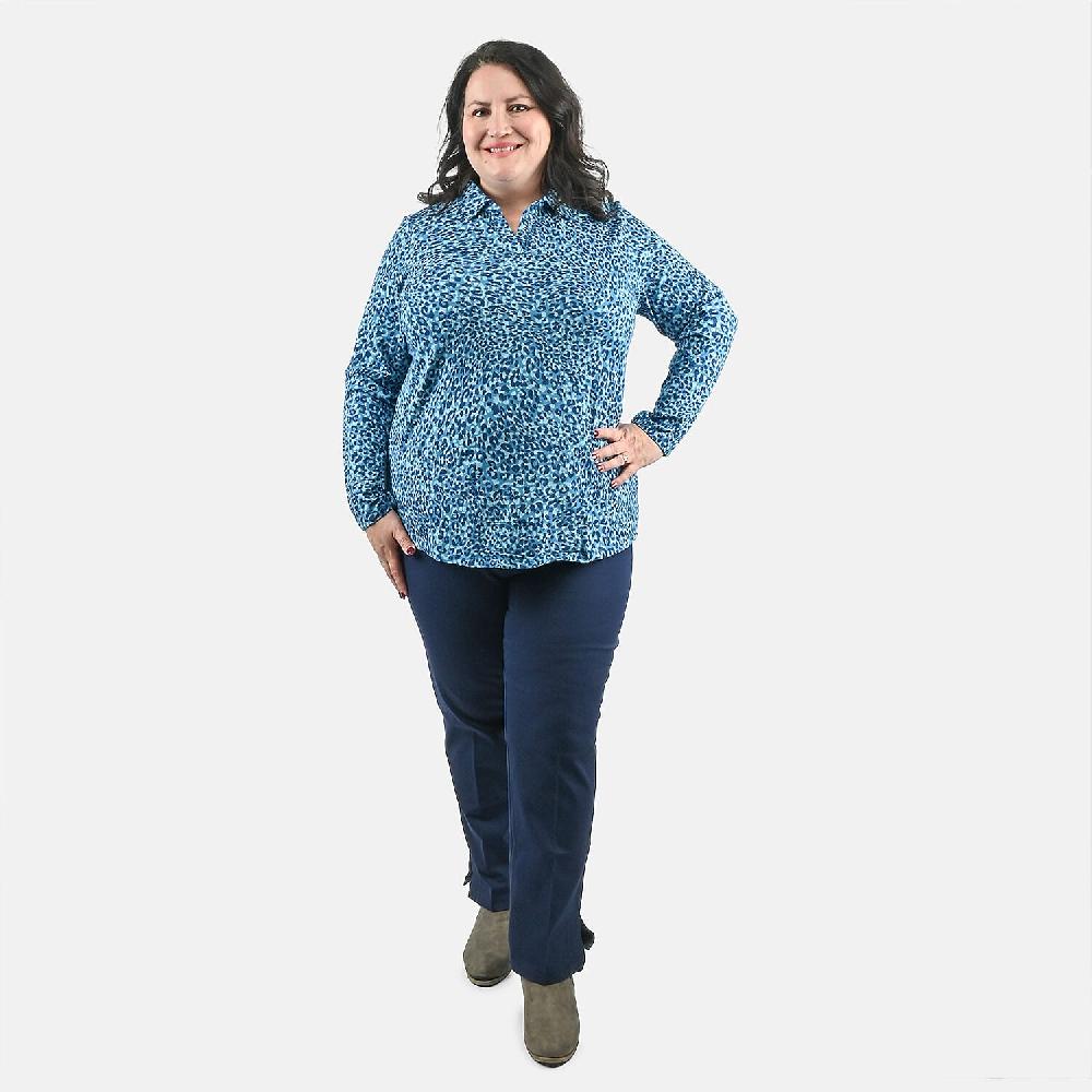 Isaac Mizrahi Teal Leopard Split-Neck Collared Top - 1X