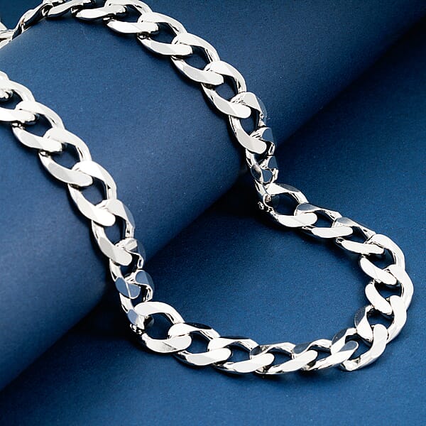 Italian 11.6mm Curb Chain Necklace In Rhodium Over Sterling Silver 92.1 Grams 24 Inches