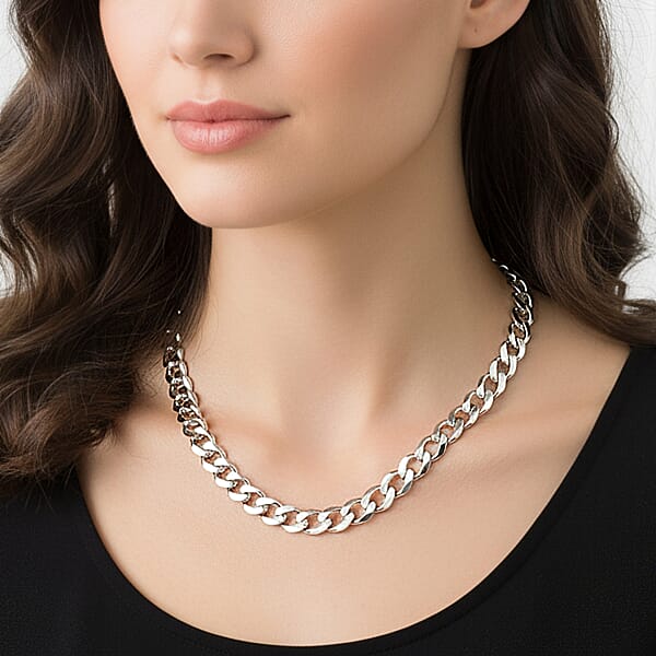 Italian 11.6mm Curb Chain Necklace In Rhodium Over Sterling Silver 92.1 Grams 24 Inches