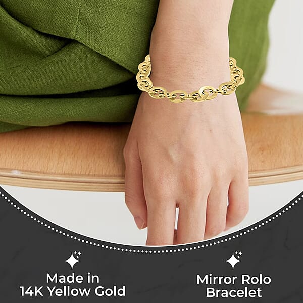 Italian 14K Yellow Gold Mirror Rolo Bracelet Gold Bracelet Gold Jewelry 8.2mm (7.0-8.0 Inch) 3.5 Grams