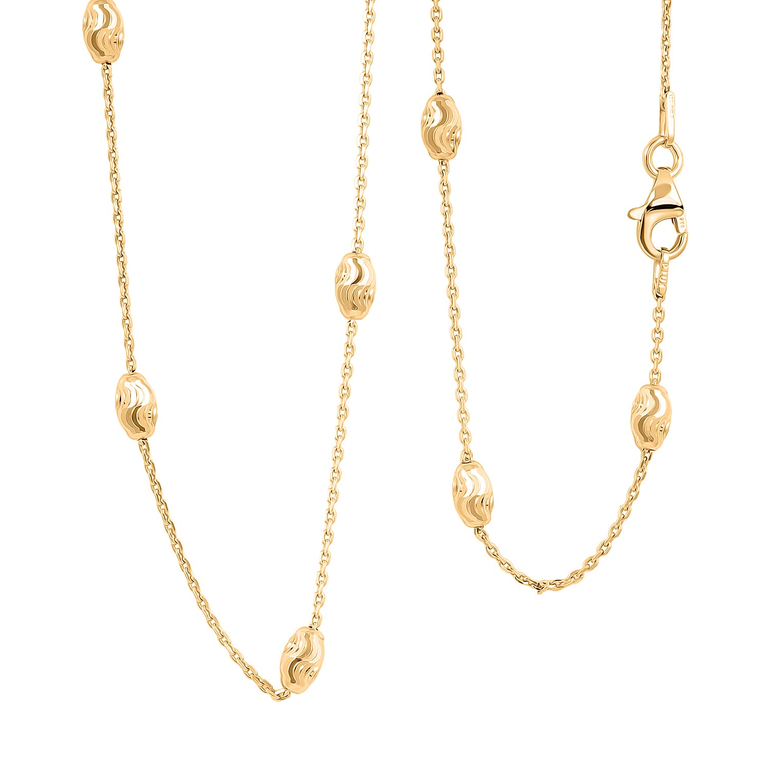 Italian 14K Yellow Gold Over Sterling Silver Moon Cut Oval Bead 3mm Chain Necklace 18 Inches 4 Grams