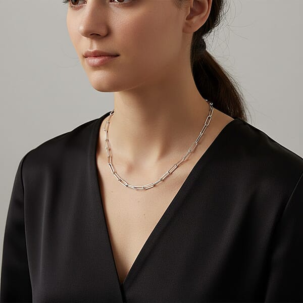 Italian 3mm Paper Clip Chain Necklace In Rhodium Over Sterling Silver 7Grams 18 Inches