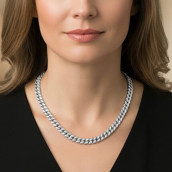Italian Cuban Chain Necklace In Rhodium Over Sterling Silver 39.87 Grams 22 Inches