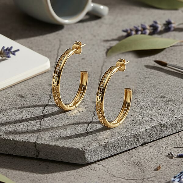 Italian Greek Key Hoop Earrings In 10K Yellow Gold 2 Grams