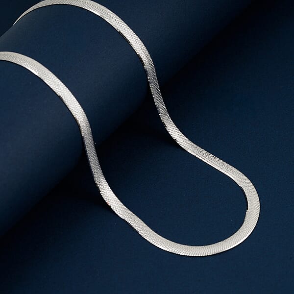 Italian Herringbone Chain Necklace In Rhodium Over Sterling Silver 10.35 Grams 20 Inches