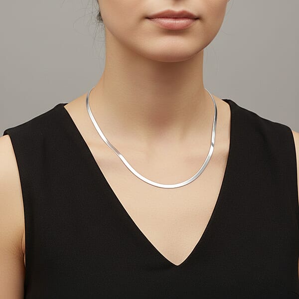 Italian Herringbone Chain Necklace In Rhodium Over Sterling Silver 10.35 Grams 20 Inches