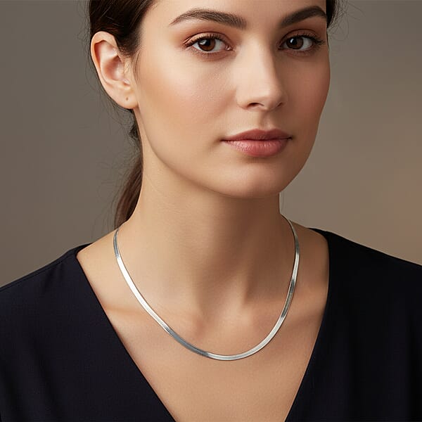 Italian Herringbone Necklace In Rhodium Over Sterling Silver 5.80 Grams 18 Inches