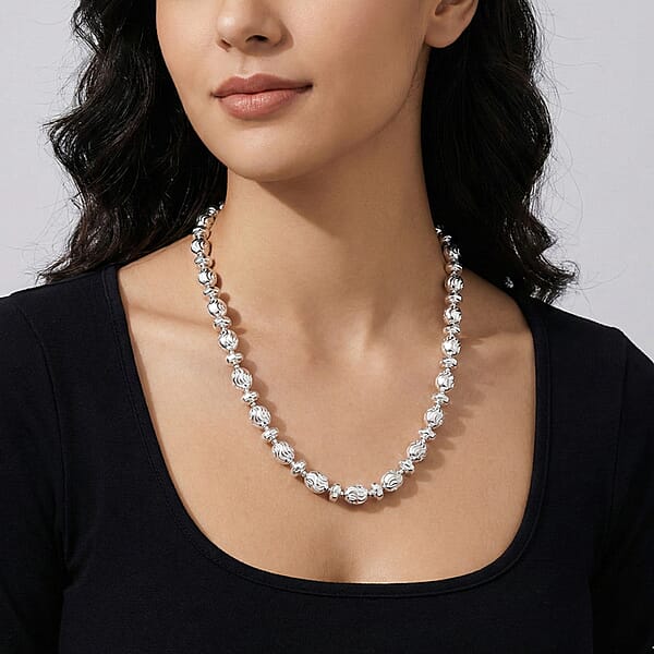 Italian Rhodium Over Sterling Silver Moon-cut Beaded Chain Necklace (20 Inches) (15.51 Grams)