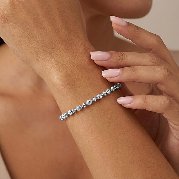 Italian Rhodium Over Sterling Silver Moon-cut Beaded Chain Bracelet (7.00 In) (6.12 Grams)