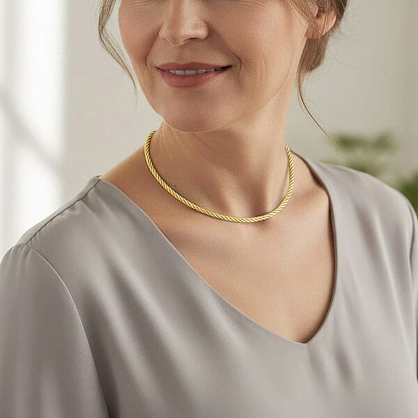 Italian Twisted Omega Chain Necklace In 14K Yellow Gold Over Sterling Silver 17 Inches 18.8 Grams