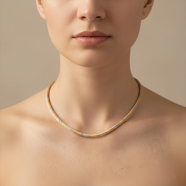 Italian Twisted Omega Chain Necklace In 14K YG And Rhodium Over Sterling Silver 19.25 Grams 17 Inches