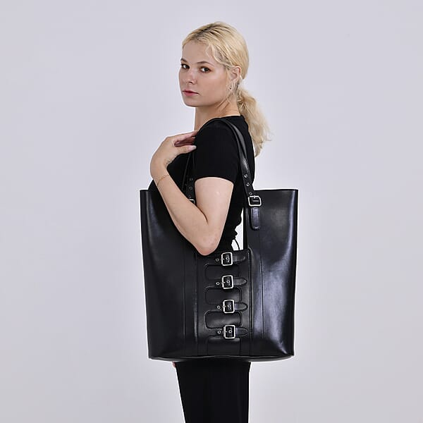 Italy Retro Noble Collection Black Genuine Leather Tote Bag With Small Cosmetic Bag