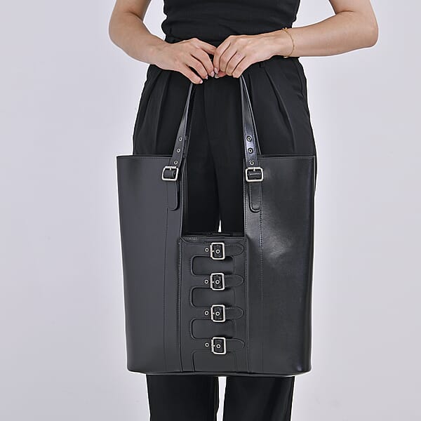 Italy Retro Noble Collection Black Genuine Leather Tote Bag With Small Cosmetic Bag