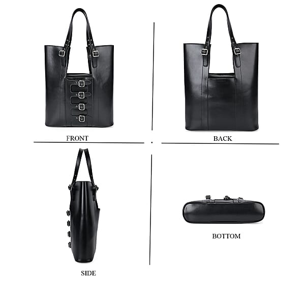 Italy Retro Noble Collection Black Genuine Leather Tote Bag With Small Cosmetic Bag